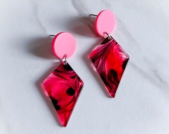 Marbled Diamond Shape Earrings in Pinks + Reds | Statement Jewellery by Weird & Wired