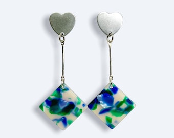 Marbled Diamond Dangle Earrings | Blue, Green, Silver, Translucent | Statement Jewellery by Weird & Wired