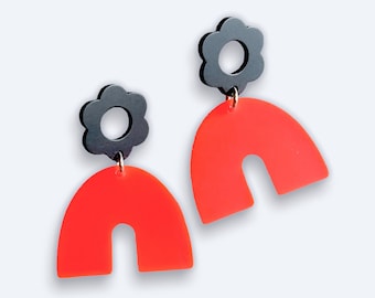 Black + Neon Coral Daisy Arch Dangle Earrings | Statement Jewellery by Weird & Wired