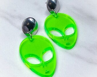 Alien Earrings | Translucent Neon Green | Statement Jewellery by Weird & Wired
