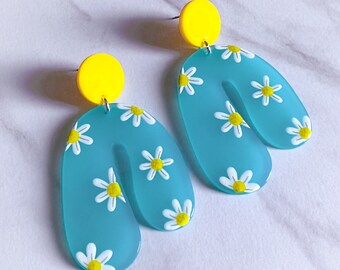 Chunky U Shape Daisy Earrings | Turquoise + Lemon | Statement Jewellery by Weird & Wired