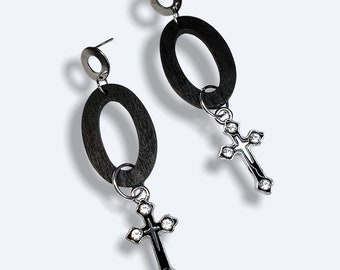 Gothic Cross Earrings | Wood, Metal, Enamel | Statement Jewellery by Weird & Wired