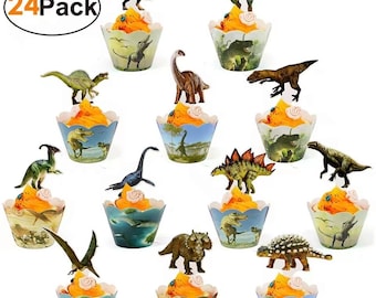 24 Set Dinosaur Cupcake wrappers, Dinosaur cupcake toppers, Dinosaur themed cupcake wrappers.