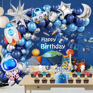 102 pcs Outer Space Adventure Birthday Party Set - Blue Planet Theme with Banners, Balloons, Backdrop, Cake Toppers & More, Trip to the moon