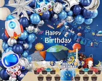 102 pcs Outer Space Adventure Birthday Party Set - Blue Planet Theme with Banners, Balloons, Backdrop, Cake Toppers & More, Trip to the moon