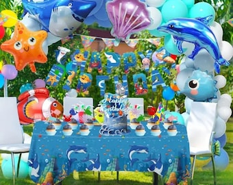 145 Pieces Dream Ocean Themed Birthday Party Decoration, Including "Happy Birthday" Flag, Large And Small Cake Inserts, Marine Animal Themed