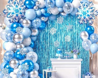 136pcs Snow and Ice Themed Balloon Set Metal Blue Metal Silvery Maca Blue and White Balloon Set Winter Party Snow and Ice Themed Party Decor
