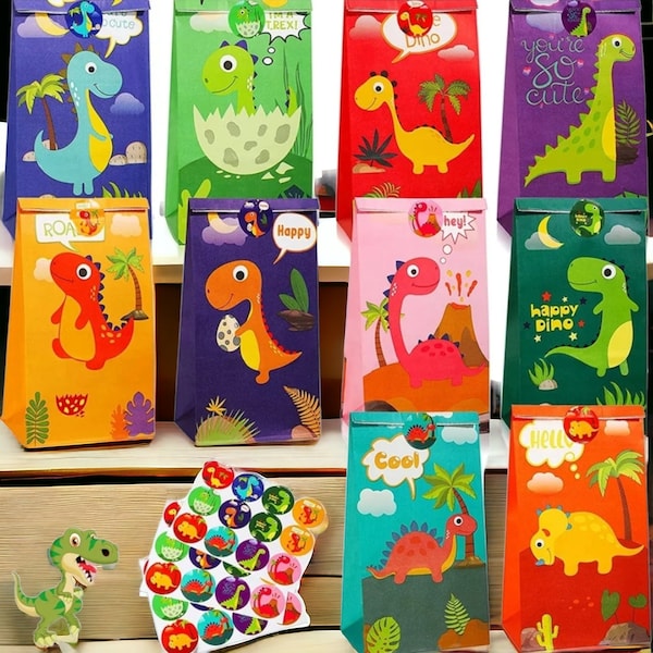 AHYCS Dinosaur Party Favor Bags - 24 Pcs Kraft Paper Treat Bags For Kids Birthday