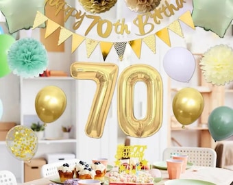 Green 70th Birthday Decorations - Golden and Green 70th Party Supplies Including Pull Flag Cake Decorations, Birthday Diy Decoration set.