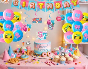 Kids 6th 7th Birthday Party Supplies Complete Set - Themed with Banners, Hanging Swirls, Cupcake Toppers & Balloons Suitable, Funny Party.
