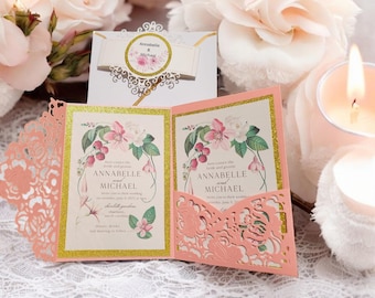 10 Set Wedding invitation card with Laser Cover, Printed insert & Rsvp, Belt and Envelope 4x6 inches, Elegant Wedding  Invitation Card.