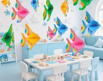 8pcs Ocean Party Decorations Set, Rainbow Honeycomb Fish Hanging Ornaments, Daycare Colorful Marine Style Decor, Birthday Party decoration.