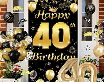 40th Birthday Party Decorations Set for Men and Women - Includes Banner, Confetti, Long Background Banner in Black and Golden, Latex Balloon