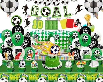 80 pcs Soccer Party Decorations Kit, Football Themed Aluminum Tableware Set with Balloons, Cake Toppers, Banner, and Stickers for Birthday