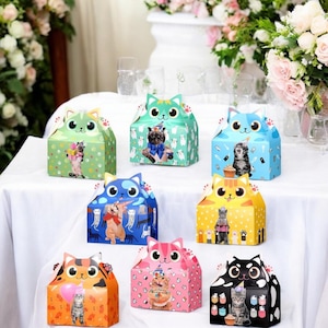 12 Pieces Kids Birthday party Favor Box, Cat Printed Favor Box, Cat lover Favor Box, Birthday party Gable box, Birthday Party Candy Box Mix.