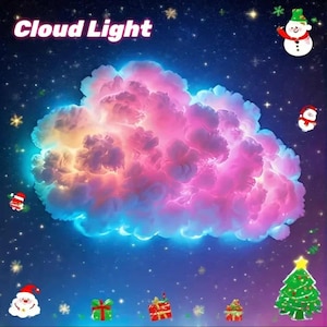 May include: A vibrant image featuring a cloud-shaped light fixture with a gradient of colors, including pink, blue, and yellow. The text "Cloud Light" is displayed at the top. The background is a starry night scene with Christmas-themed decorations.