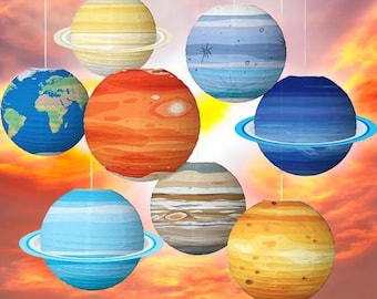 8pcs Vibrant Space Galaxy Lanterns - Colorful Hanging Decorations with Solar System Designs, Perfect for Kids Classroom or Birthday Party.