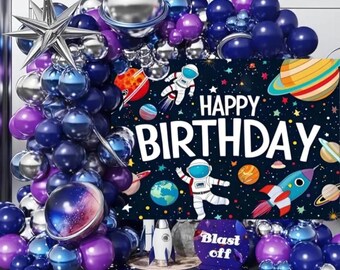 A Set of 150 Balloon Decorations Featuring 5-Inch And 10-Inch Metallic Balloons, Along with a 'Happy Birthday' Banner, Designed with a Space