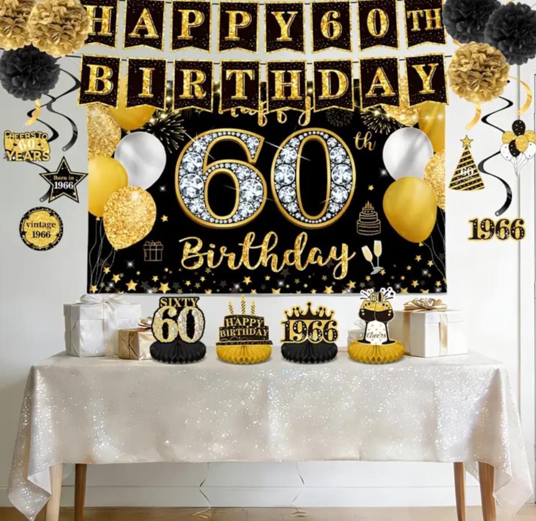 60th Birthday Party Decoration Set, Rose Gold or Black Gold Banner 60th ...