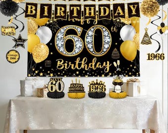 60th Birthday Party Decoration set, Rose Gold or Black Gold Banner 60th Birthday decorations diy Party, Black and Gold 60th Birthday decor.
