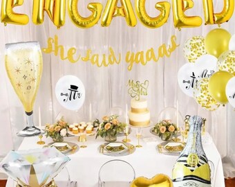Decorations for an Engagement Party, Featuring a Banner And Balloons in Golden. Includes a 'She Said Yaaas' Banner, Engagement decor.