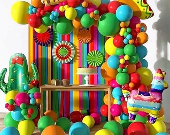 157 Pcs Vibrant Carnival Fiesta Balloon Garland Kit - Colorful Mexican Themed Party Decorations with Cactus, Llama, Sombrero, Taco Balloons.
