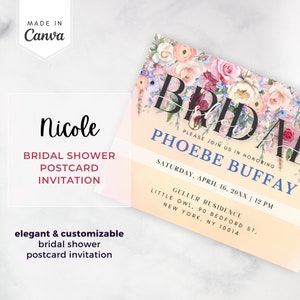 Nicole - modelo de canva de convite de cartão postal para chá de panela, floral, botânico, fofo, convite personalizável, faça você mesmo, flores, download instantâneo