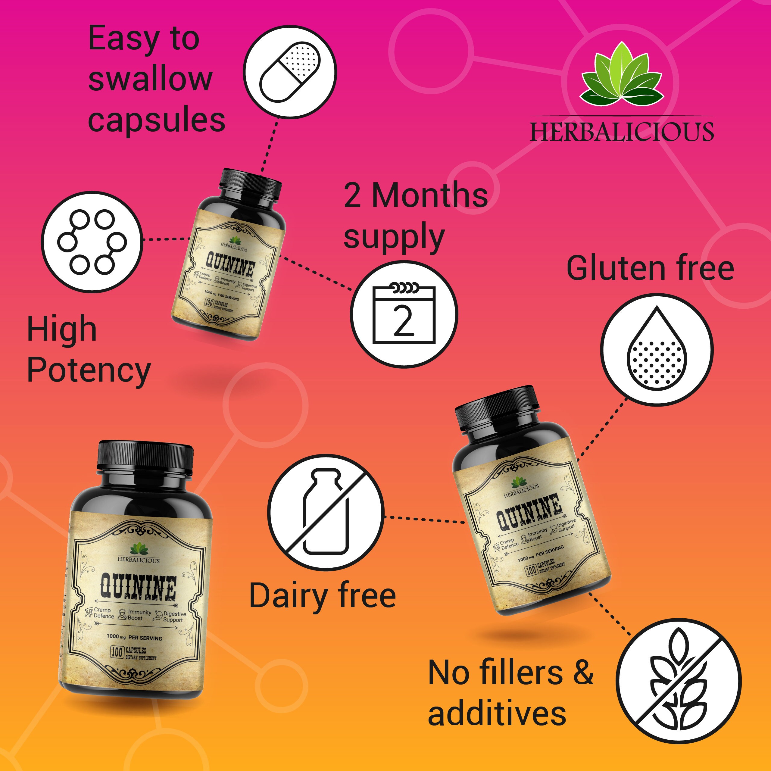 Quinine Capsules Cinchona Officinalis Bark Herbal Supplement for Leg Cramping Relief, Cramp