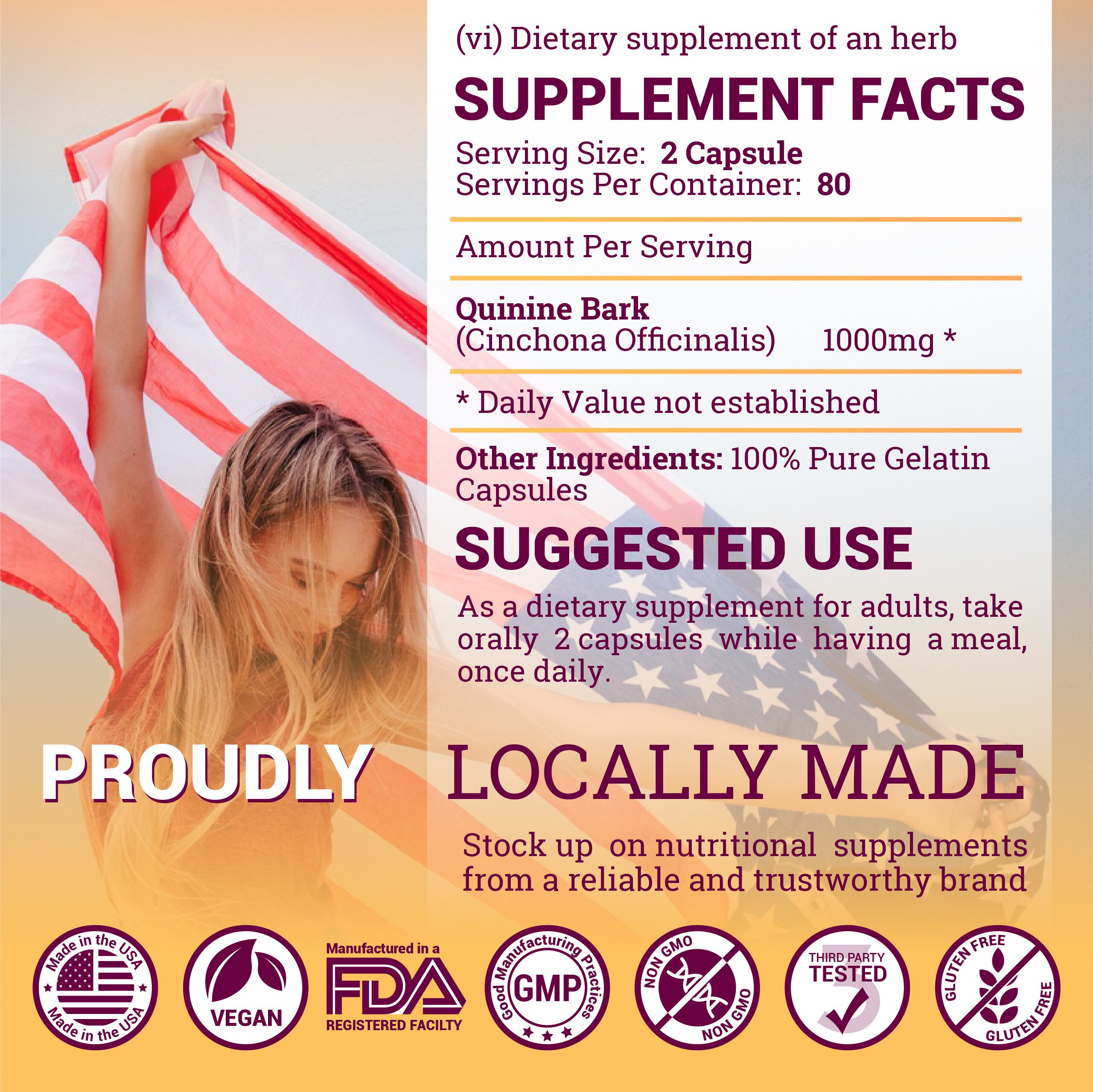 Quinine 160 Capsules Cinchona Officinalis Bark Herbal Supplement for Leg Cramping Relief, Cramp