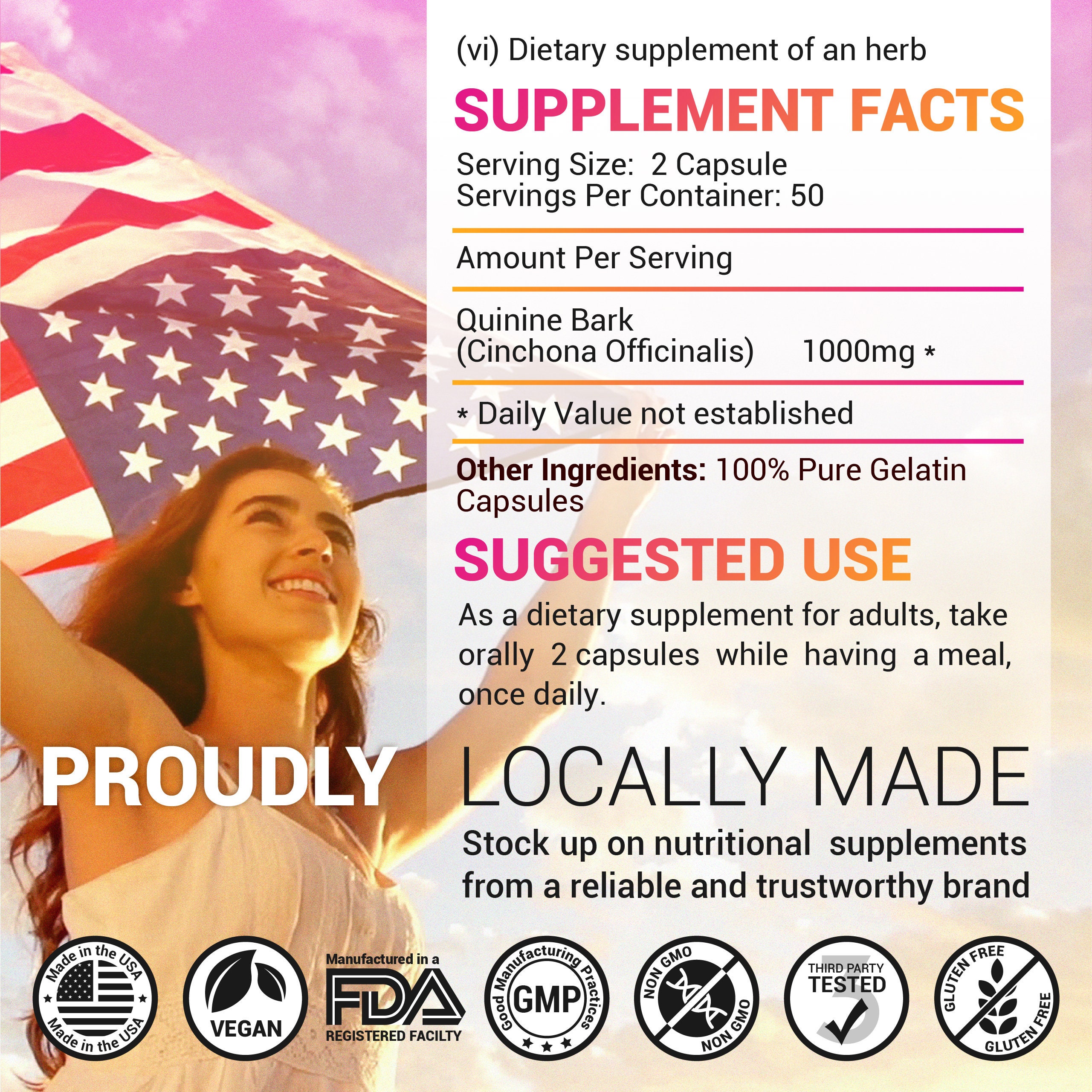 Quinine Capsules Cinchona Officinalis Bark Herbal Supplement for Leg Cramping Relief, Cramp