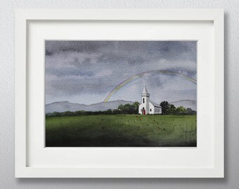 Covenant – Framed Original Watercolor Painting, Country Church and Rainbow, Home Decor, Wall Art