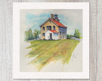 Pottawatomie Lighthouse – Art Print of Watercolor Painting, Rock Island, Wisconsin, Home Decor, Wall Art