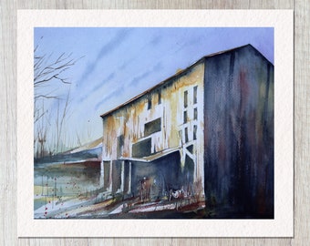 Forsaken – Art Print of Watercolor Painting, Rustic Country Barn, Home Decor, Wall Art