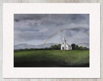 Covenant – Art Print of Watercolor Painting, Country Church and Rainbow, Home Decor, Wall Art