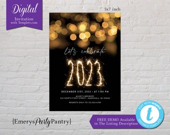 DIGITAL Template,New Year's Eve Party Invitation,2023,Sparkler Writing,Black and Gold,Templett Link,You Personalize,Free Demo