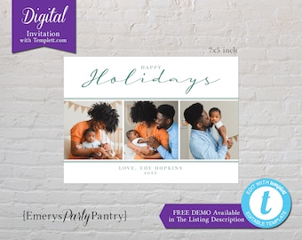 DIGITAL Template,Holiday Photo Card,Family Photo Card,Happy Holidays,Three Photos,Green Calligraphy,Templett Link,You Personalize,Free Demo