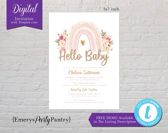 DIGITAL Template, Baby Girl Shower Invitation,Pink Rainbow, Pink Roses, Greenery, Hello Baby,Templett Link, You Customize, Free Demo
