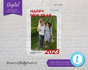 DIGITAL Template,Happy New Year Family Photo Card,Red Text,Templett Link,You Personalize,Free Demo