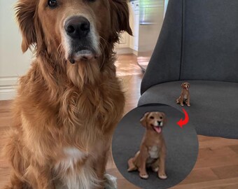 May include: A large golden retriever dog sitting on a wooden floor, looking at the camera. A smaller figurine of a golden retriever dog is sitting on a gray chair in the background.