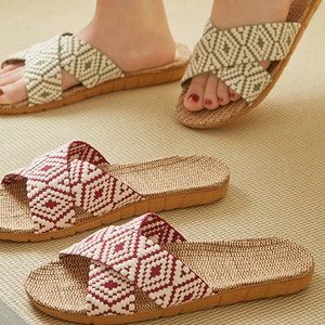 Linen slippers home, suitable for summer, beige home shoes, front opening slippers, beach for both men and women, perfect gift