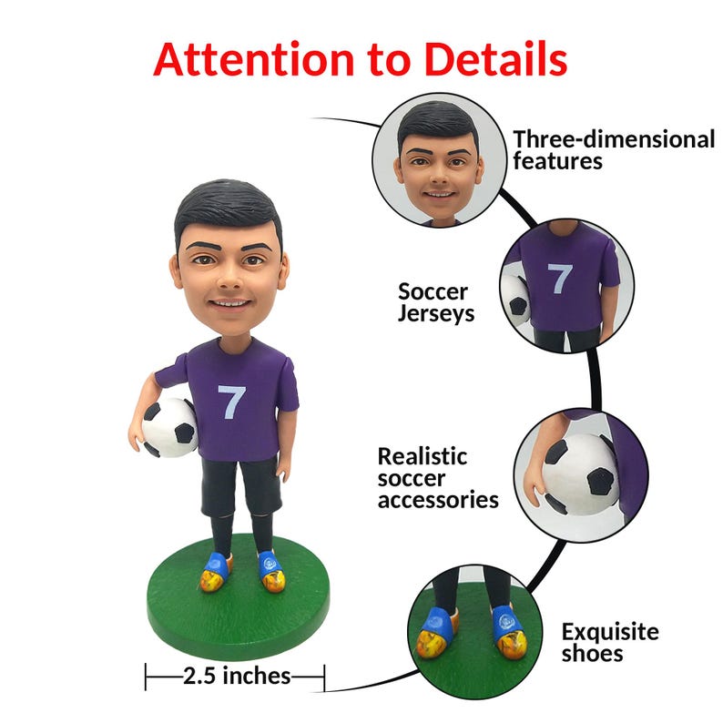 May include: A custom-made figurine of a soccer player wearing a purple jersey with the number 7. The figurine is holding a soccer ball and is standing on a green base. The figurine is 2.5 inches tall.