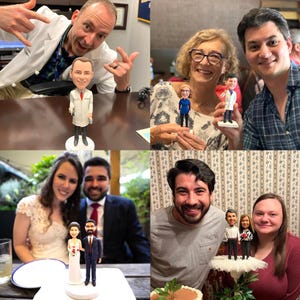 May include: A collage of four images featuring custom figurines of people. The first image shows a man in a white lab coat holding a figurine of a man in a white lab coat. The second image shows a woman holding a figurine of a woman in a blue dress. The third image shows a couple holding a figurine of a bride and groom. The fourth image shows a couple holding a figurine of a man and woman.