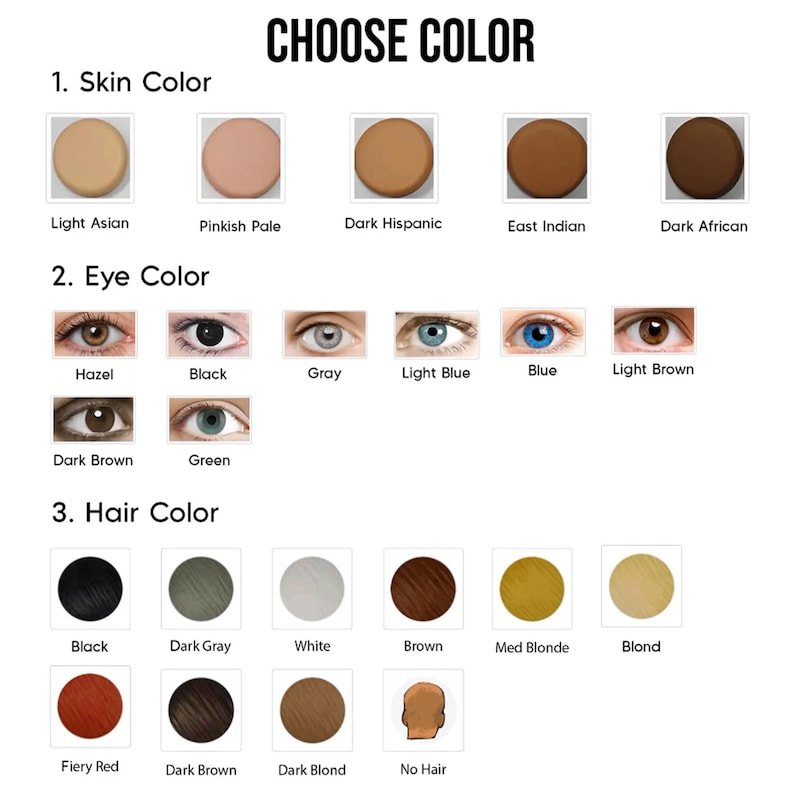 May include: A chart with three sections: Skin Color, Eye Color, and Hair Color. Each section has a row of six color swatches with text labels below each swatch. The Skin Color section includes Light Asian, Pinkish Pale, Dark Hispanic, East Indian, and Dark African. The Eye Color section includes Hazel, Black, Gray, Light Blue, Blue, Light Brown, Dark Brown, and Green. The Hair Color section includes Black, Dark Gray, White, Brown, Med Blonde, Blond, Fiery Red, Dark Brown, Dark Blond, and No Hair.