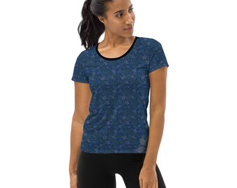 Camiseta deportiva de mujer con estampado integral / Hojas / Loto / Azul / Rosa / Camiseta deportiva
