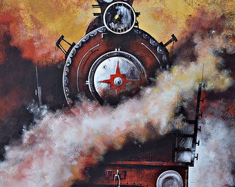 Steam Locomotives Original Painting, Acrylic on Canvas Paintings, Size: 29"X37", Contemporary Art, Nostalgia of Steam Locomotives_44