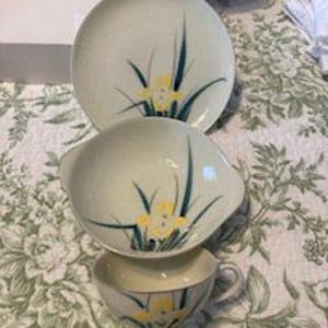 May include: A set of three ceramic dishes with a floral design. The set includes a round plate, a bowl with handles, and a teacup. The dishes are light green with a yellow and blue floral pattern.