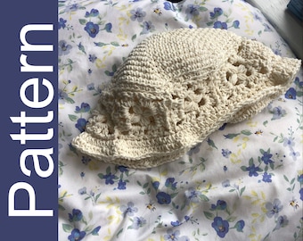 Patrón de ganchillo para sombrero de verano con forma de cubo y flores cuadradas de la abuela