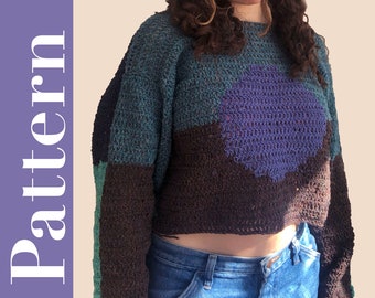 Pattern Horizon Wool Oversized Cropped Crochet Sweater