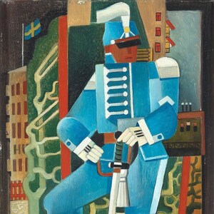 May include: A cubist painting of a soldier in a blue uniform with a white hat and a sword. The soldier is standing in front of a building with a flag on top. The painting is done in a geometric style with bold colors.