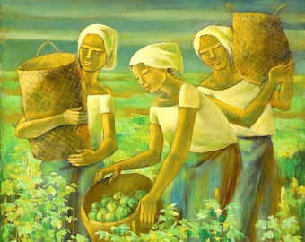 Recolectoras de tomates – Anita Magsaysay-Ho / Lámina artística sobre el trabajo de las mujeres del sudeste asiático – Escena cultural vintage